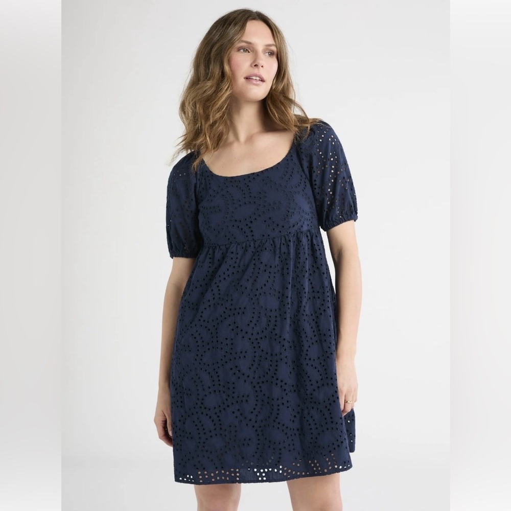 Time and Tru Women's Eyelet Dress with Puff Sleeves, Size XL Navy - Picture 1 of 11